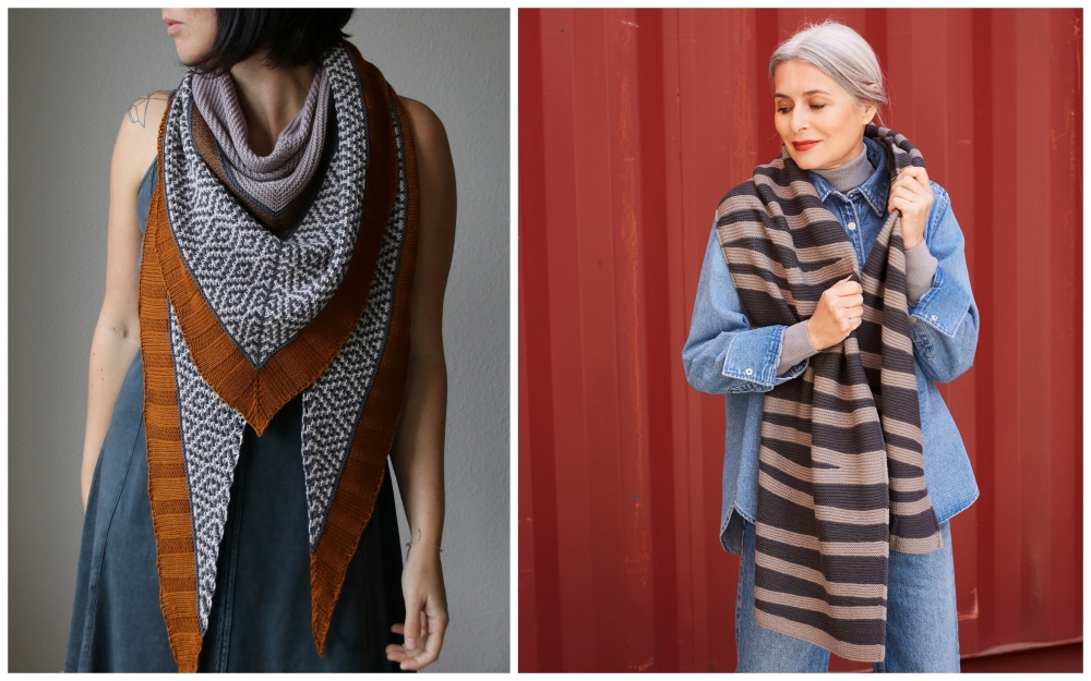 Collage with two pictures: A woman wearing the ample knitted shawls Zimtstern with a graphic pattern around her neck. Next to it: A grey-haired woman wearing a wide knitted scarf with irregular stripes
